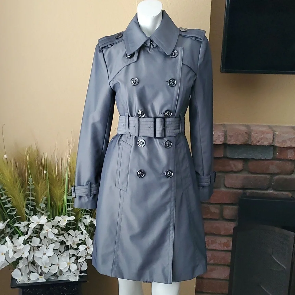 🆕️LONDON FOG Metallic Gray Water Resistant Double Breasted Trench Coat SIZE: PS - Picture 6 of 16
